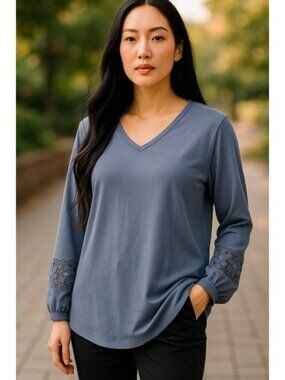 STUDIO 1886 Blue V Neck Floral Lacy Long Sleeve Top Ladies L Size 12-14